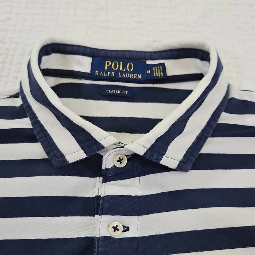 Polo Ralph Lauren Navy Blue Stripe Polo Shirt Men's M Medium Short Sleeve EUC LN